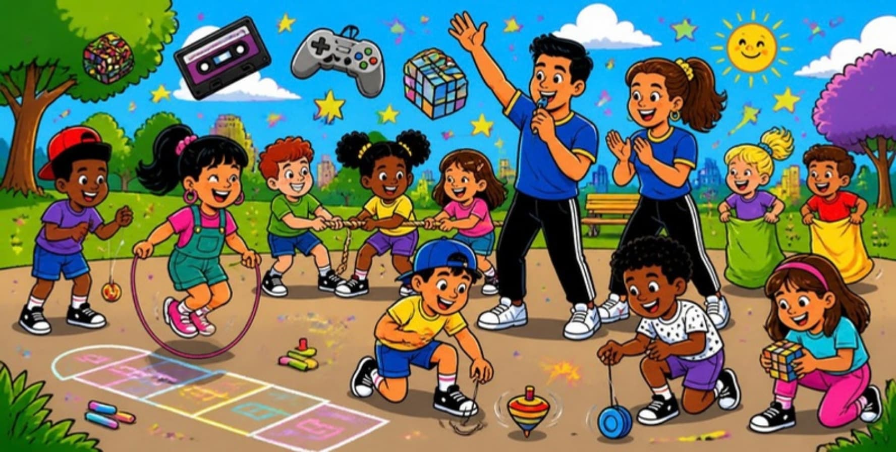 Ilustração: crianças brincando de brincadeiras dos anos 90 com a equipe Batutinhas