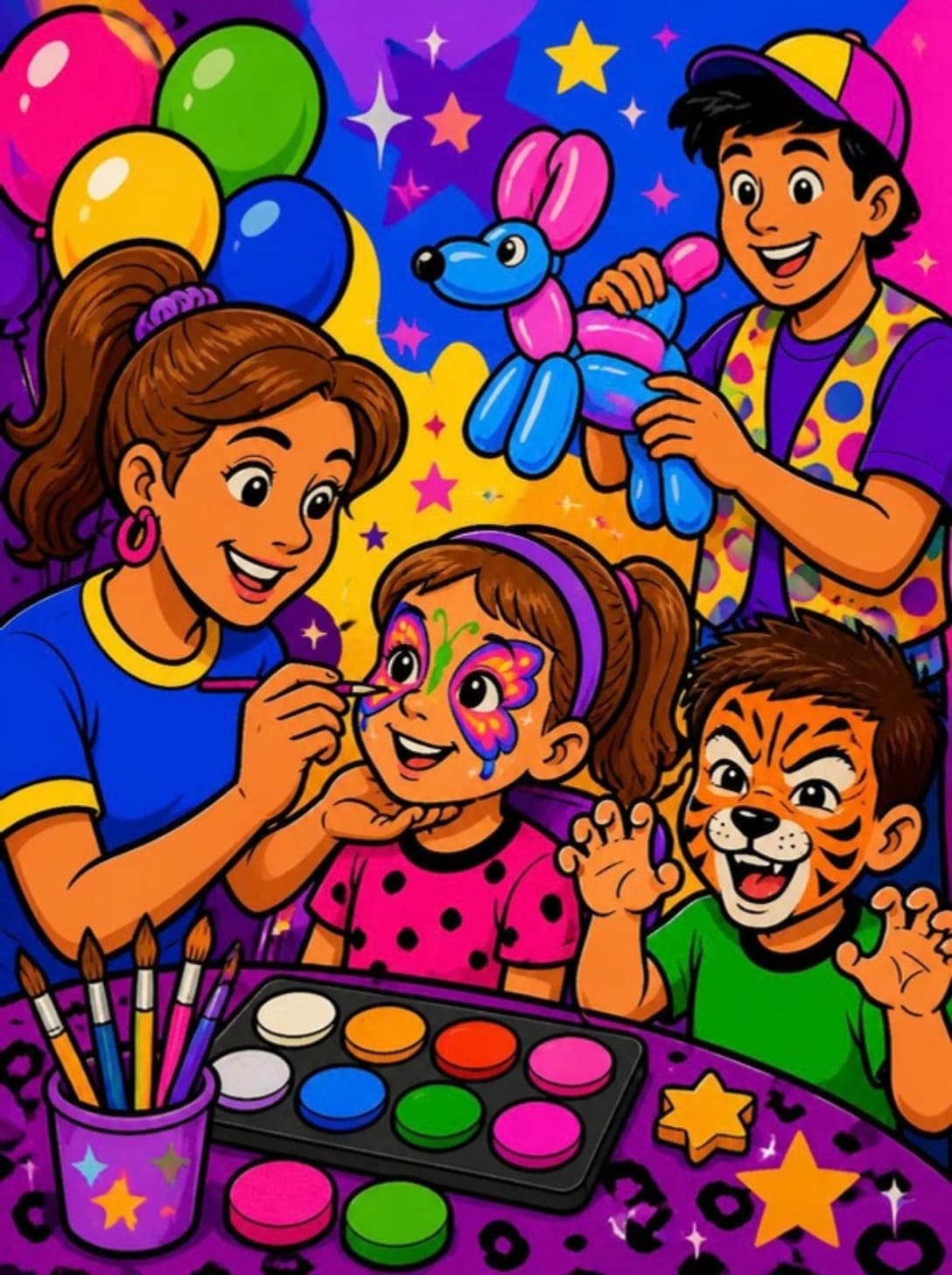 Ilustração: pintura de rosto e escultura de balões